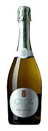 Flaske Giol Prosecco Brut med sølv etikett mot hvit bakgrunn